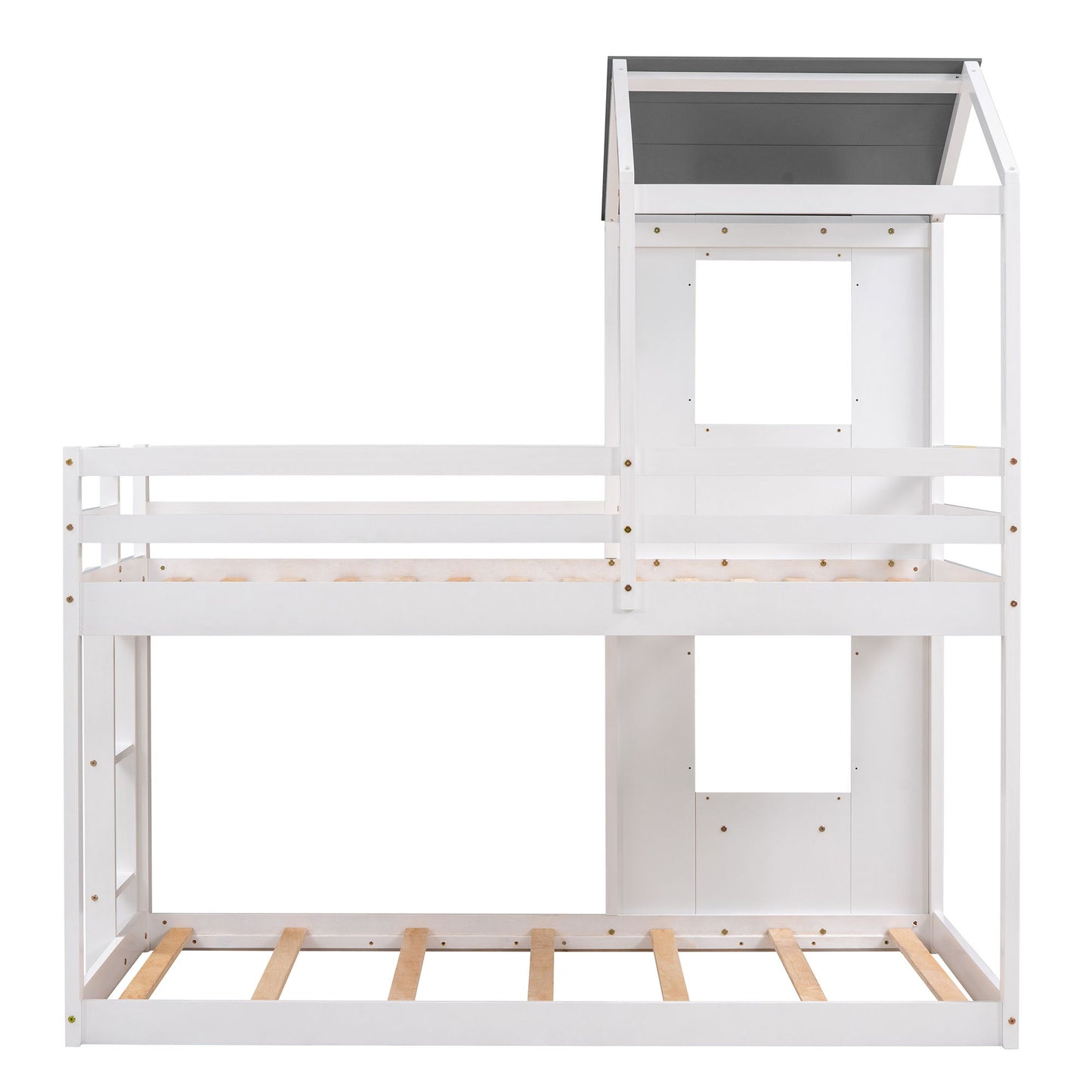 Twin Over Twin Bunk Bed & Roof, Window, Guardrail, Ladder - White