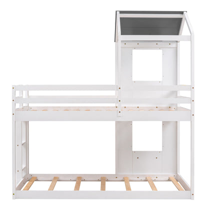 Twin Over Twin Bunk Bed & Roof, Window, Guardrail, Ladder - White