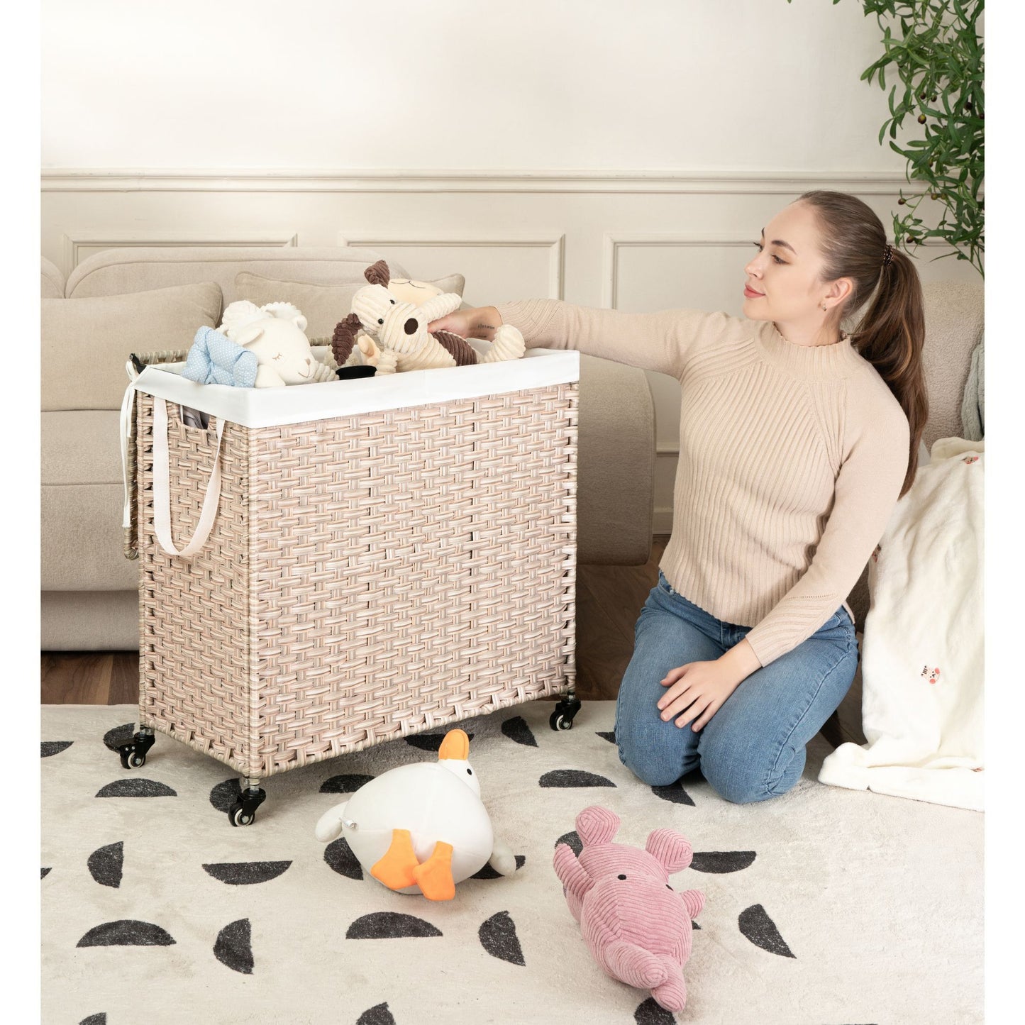 Laundry Hamper With Lid PE Rattan Powder Coating Frame Clothes Hampers With 2 Removable Bags, Wheels, 160L - Gray