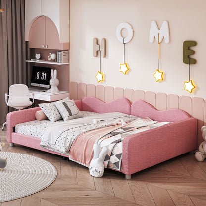 Full Size Upholstered Daybed, Sherpa Fabric Sofabed With Cloud-Shaped Backrest, No Box - Spring Needed - Pink