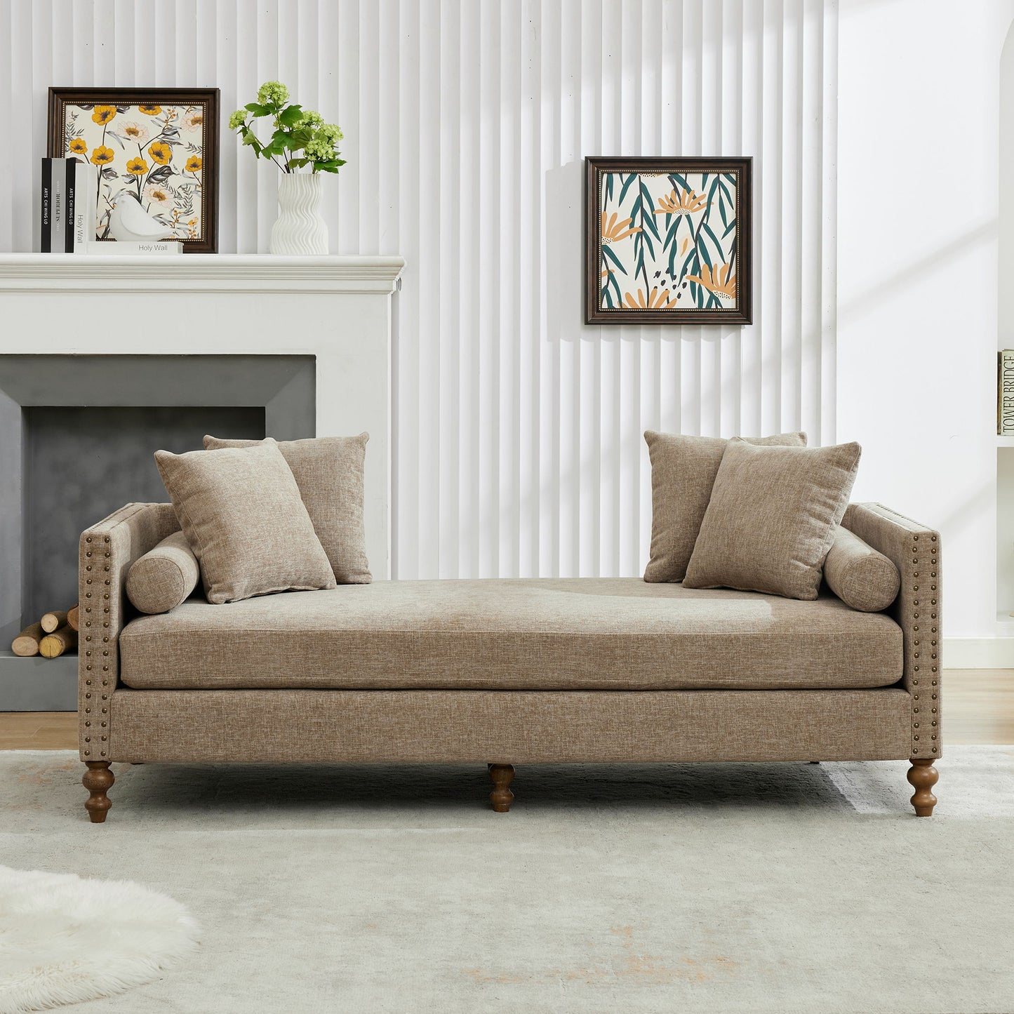 Upholstered Chaise Lounge Indoor With Nailheads, Sleeper Sofa Couch With 4 Throw Pillows & 2 Bolsters, Daybed With Rubberwood Legs - Taupe