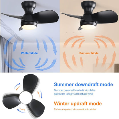 23" Bedroom Ceiling Fan With 3 Color Dimmable 3 ABS Blades Remote Control Dc Motor Black With 18W Led Light - Black