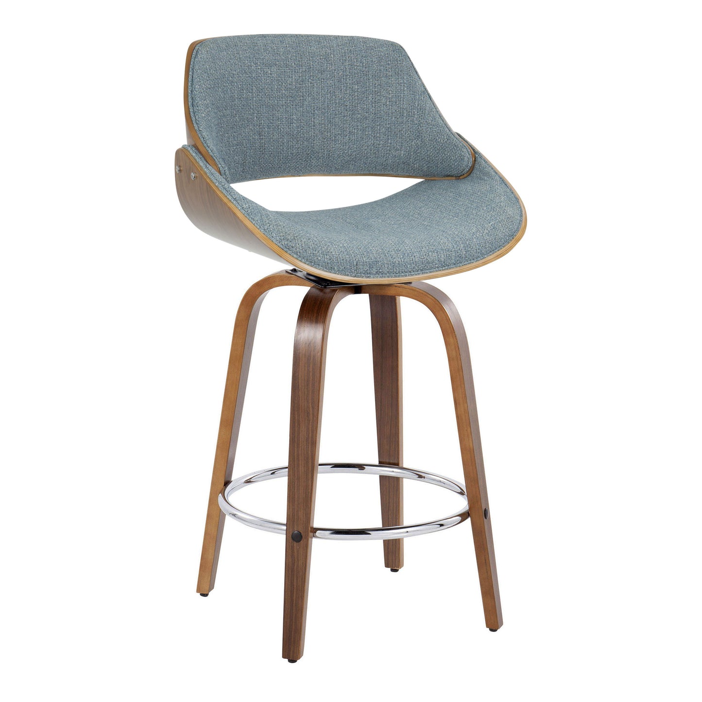Fabrizzi - Mid-Century Modern Fixed Height Counter Stool With Swivel With Round Footrest (Set of 2) - Walnut / Blue