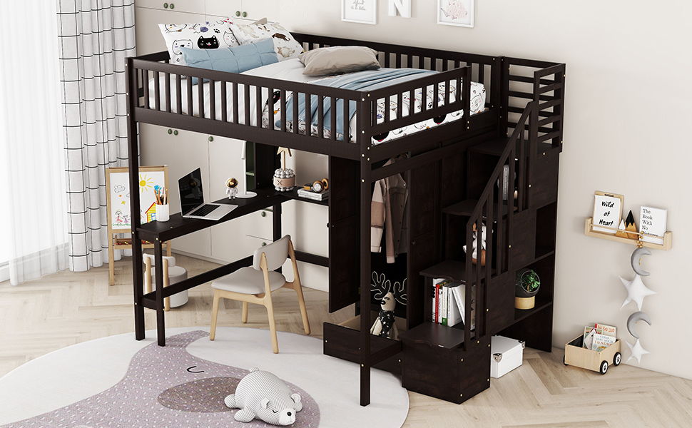 Full Size Loft Bed With Bookshelf, Drawers, Desk, And Wardrobe - Espresso