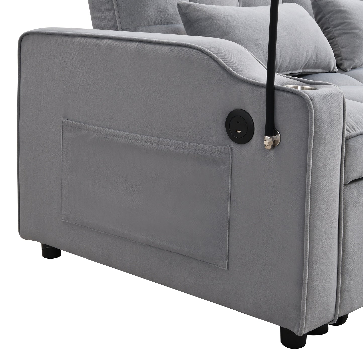 Modern Velvet Loveseat Futon Sofa Couch With Pullout Bed, Adjustable Backrest, Toss Pillows - Light Gray