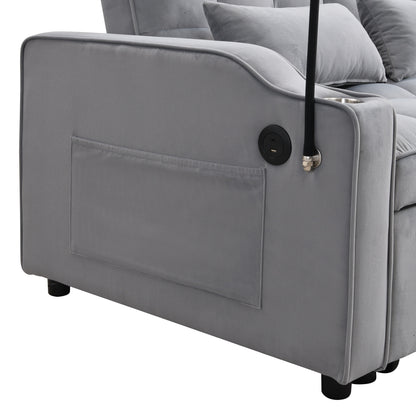 Modern Velvet Loveseat Futon Sofa Couch With Pullout Bed, Adjustable Backrest, Toss Pillows - Light Gray