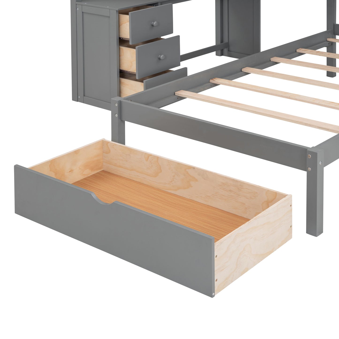 Full Over Twin Bunk Bed With Desk, Drawers And Shelves - Gray