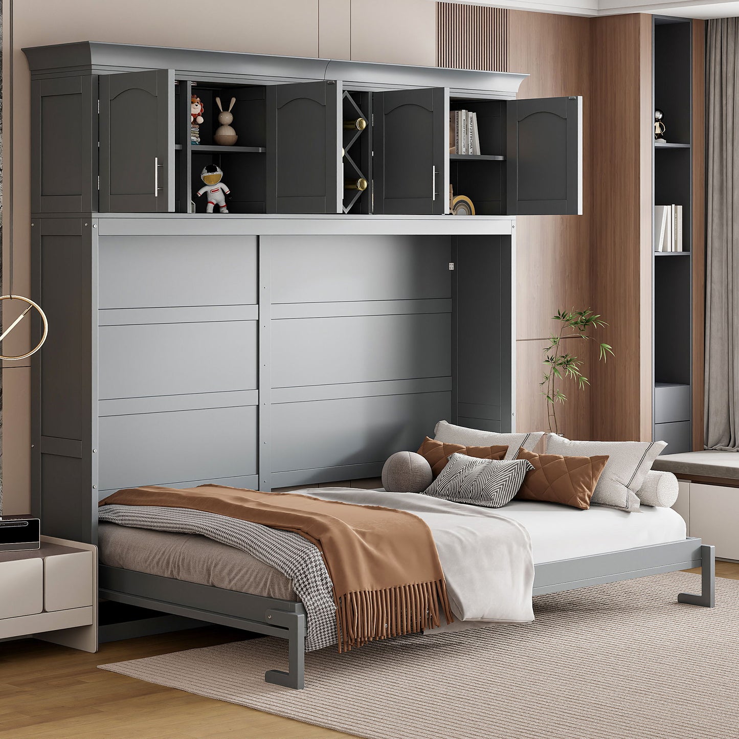 Queen Size Murphy Wall Bed With Top Cabinets & Wine Rack - Gray