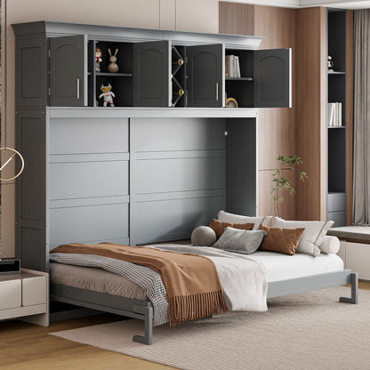 Queen Size Murphy Wall Bed With Top Cabinets & Wine Rack - Gray
