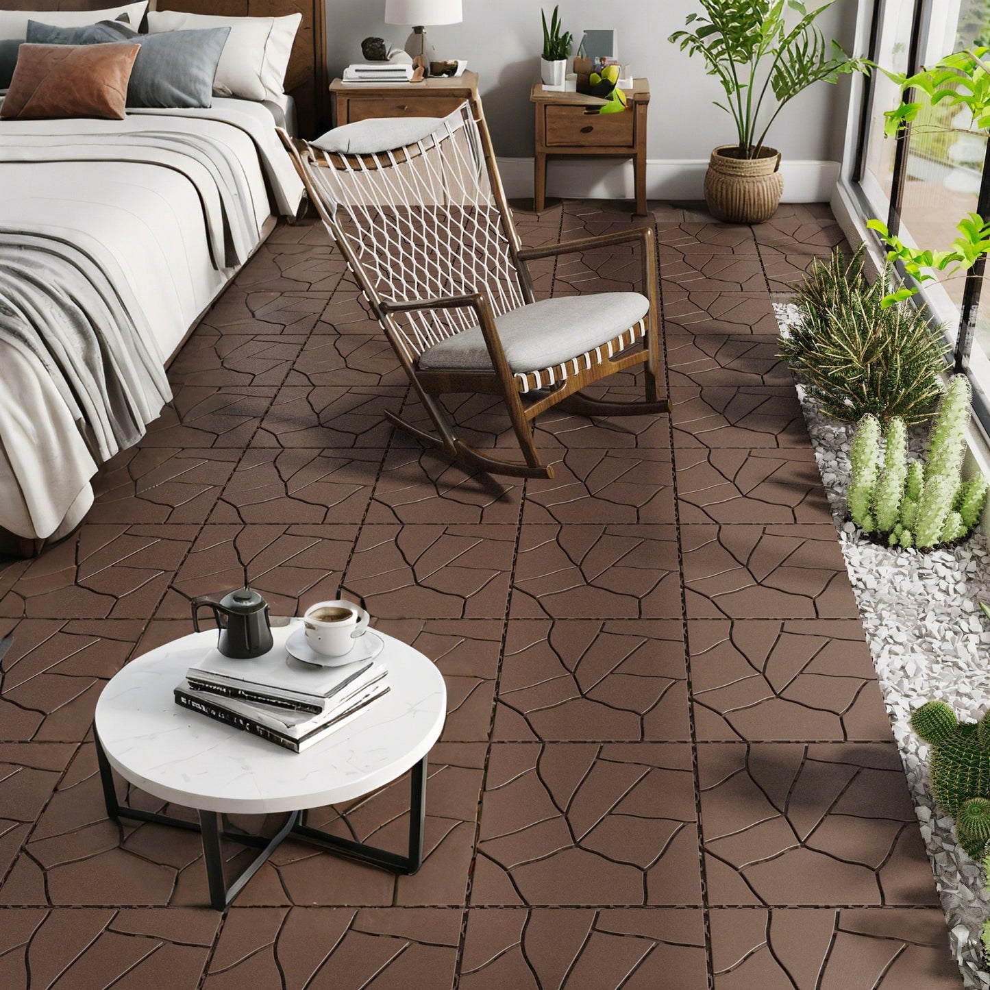 Stone Style 12" Patio Deck Tiles Diy Interlocking Floor Tiles, 44 Pieces - Red Brown
