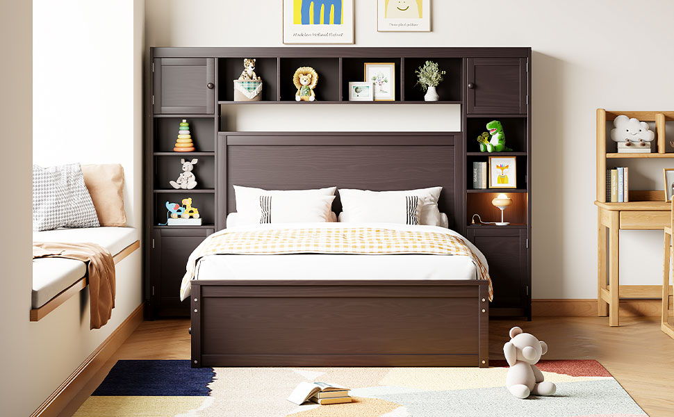 Full Size Bed With All In One Cabinet, Shelf And Sockets, Twin Size Trundle - Espresso