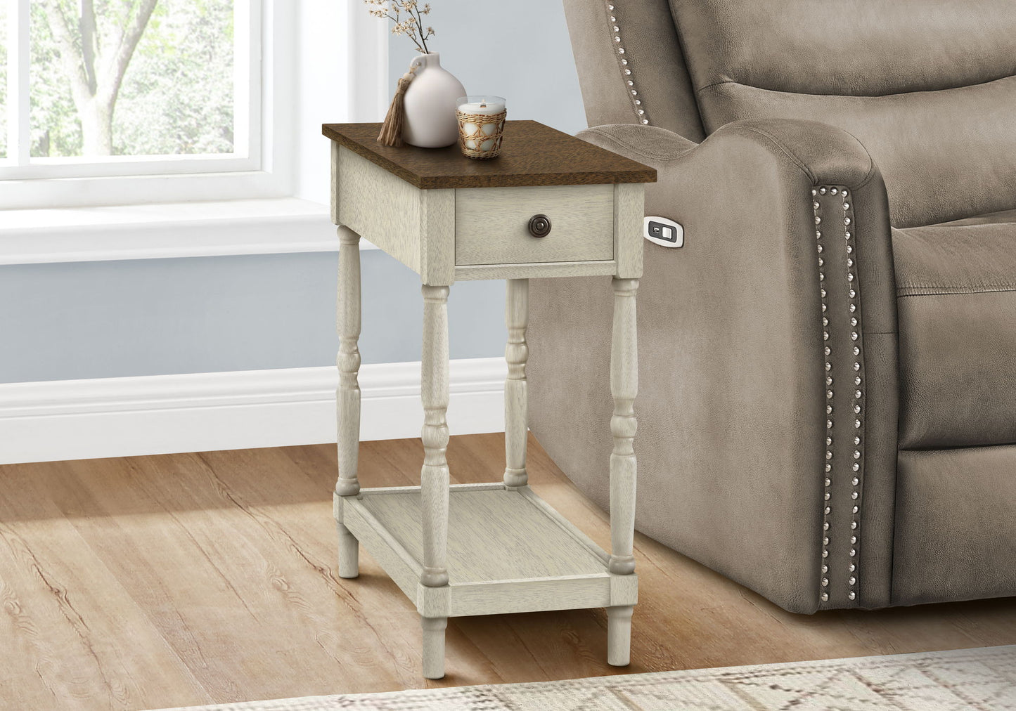 Accent End Table, 2 Tier, Storage Drawer, Traditional - White