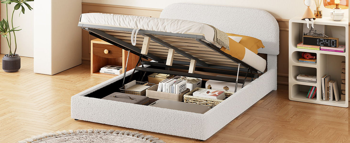 Full Size Upholstered Platform Bed With Hydraulic Storage System - White