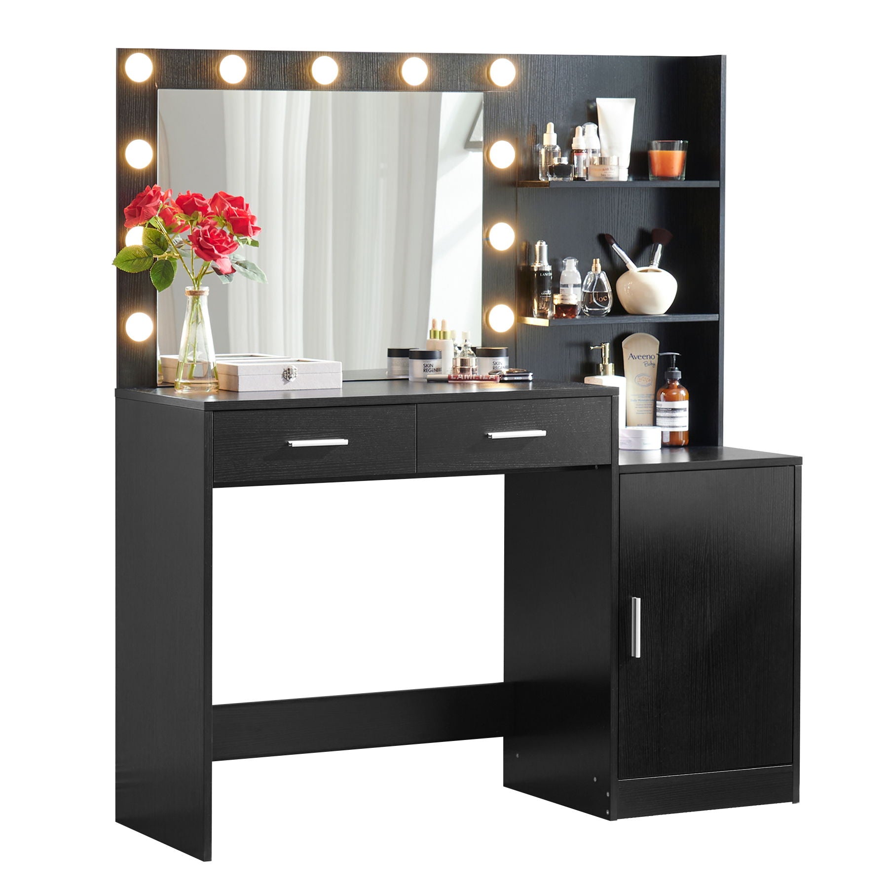 Vanity Desk With Mirror And Lights, 46.4In Dressing Table With 2 Large Drawer & Large Vertical Organizer, 3 Level Dresser & 3 Lighting Modes Adjustable Brightness, Suitable For Bedroom - Black