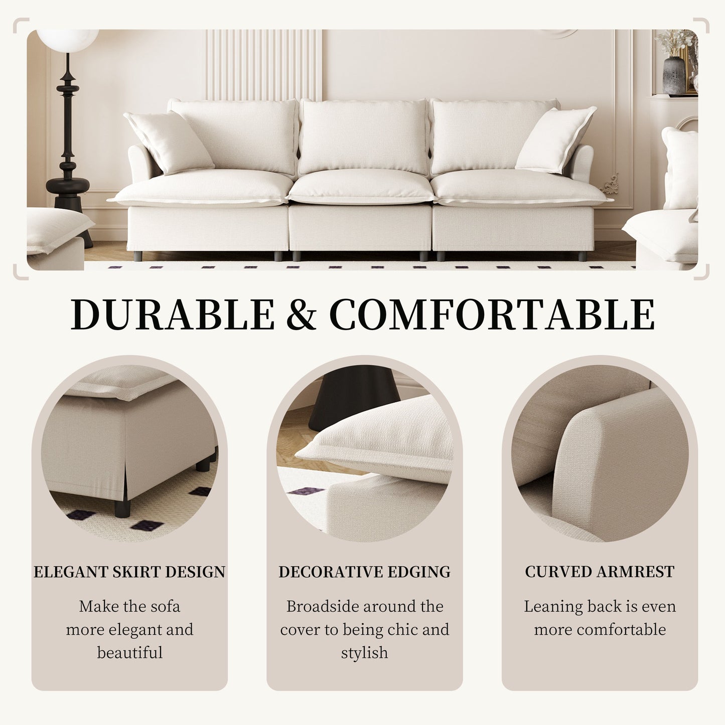 3 Seat Sofa Module For Modular Sectional Wide Seat Cloud Couch With Throw Pillows Upholstered - Beige