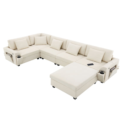 U Shaped Sectional Sofa 6 Seat Couch Set With Oversized Ottoman, Hidden Armrest Storage And Cup Holders USB Charging Ports Wide Seat Sofa - Off White