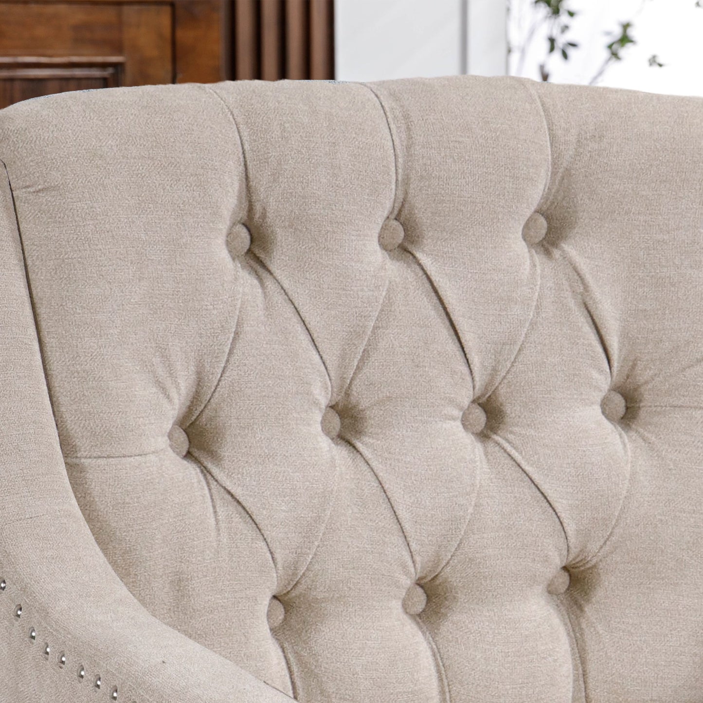Accent Chair, Living Room Chair, Footrest Chair Set With Vintage Brass Studs, Button Tufted Upholstered Armchair For Living Room, Comfy Reading Chair For Bedroom, Reception Room - Beige
