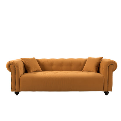 Retro Medieval Style Sofa With Roll Arms And Throw Pillows - Orange