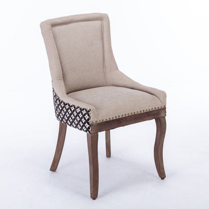 Ultra Side Dining Chair, Thickened Fabric Chairs With Neutrally Toned Solid Wood Legs, Bronze Nail Head, (Set of 2) - Beige / Patterned