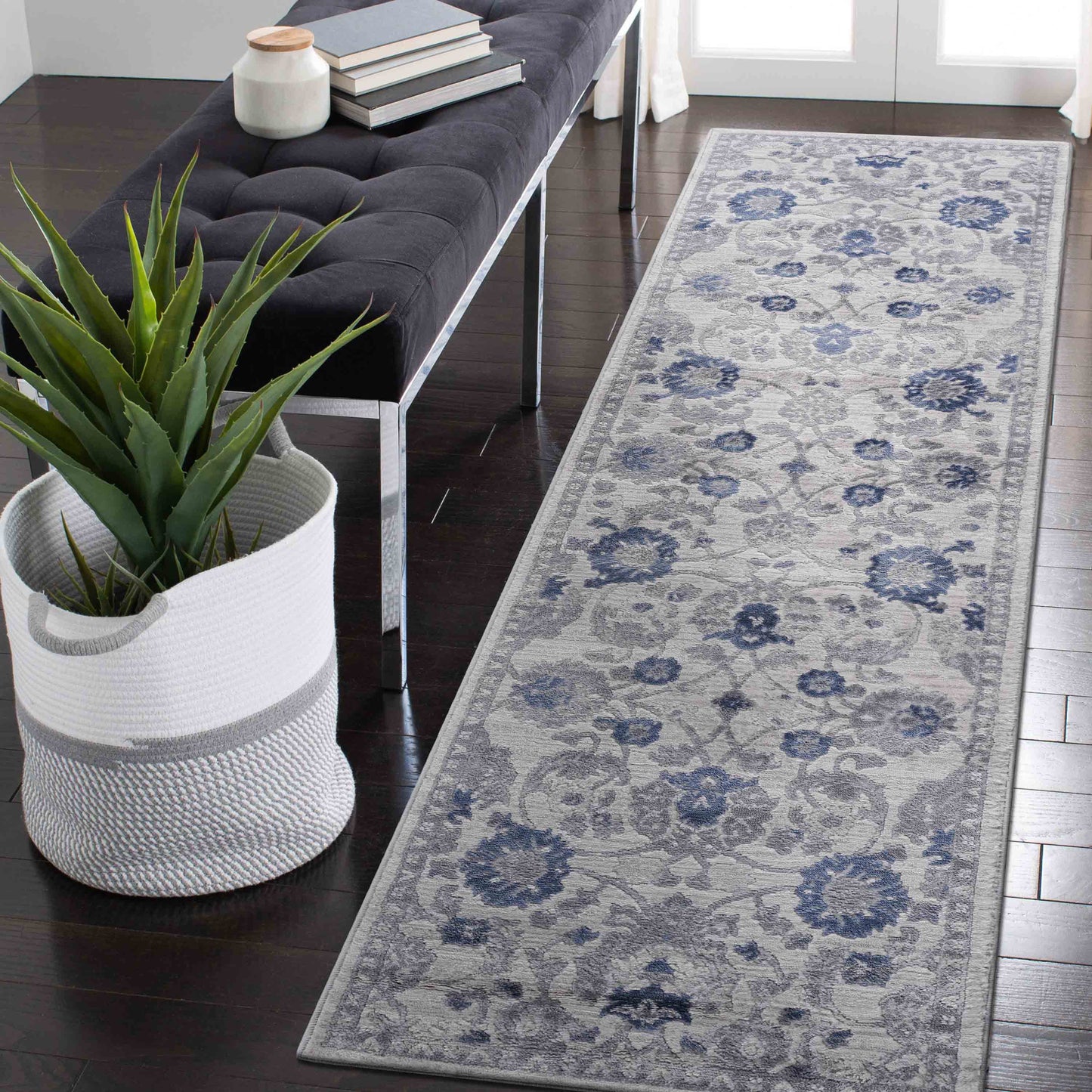 Marfi - 2' X 8' Oriental Runner Rug - Blue / Silver