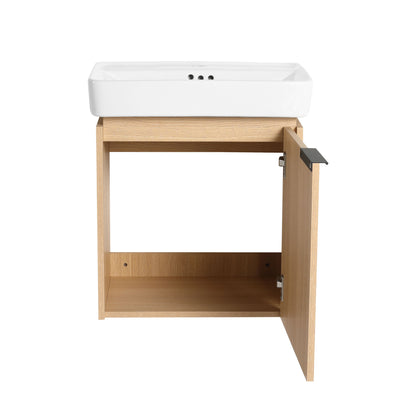 20" Wall Mounted Bathroom Vanity With Ceramic Sink And Storage Cabinet - Oak