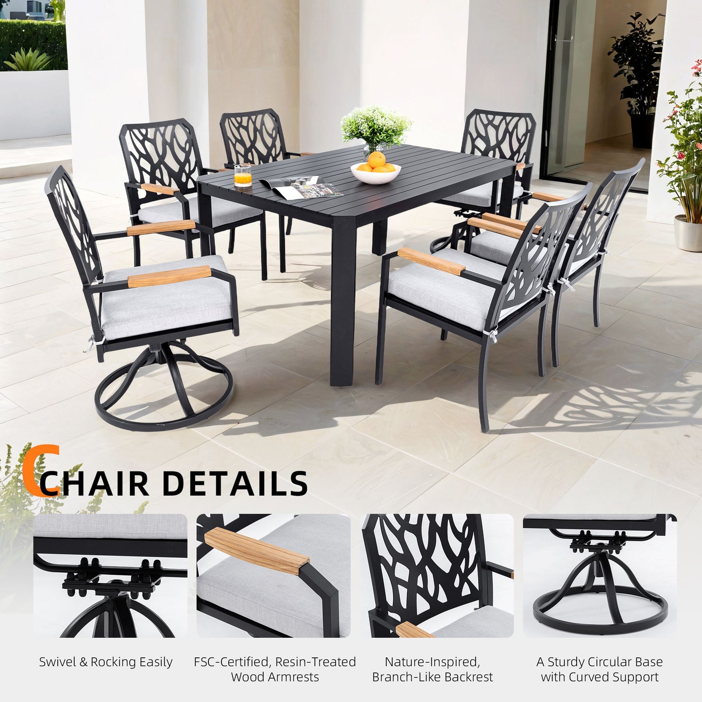 7 Pieces Outdoor Patio Furniture Set, 4 Dining Chairs & 2 Swivel Rockers Sunbrella Fabric, Rectangular Table With Umbrella Hole - Bourbon Brown
