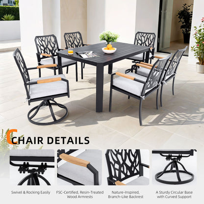 7 Pieces Outdoor Patio Furniture Set, 4 Dining Chairs & 2 Swivel Rockers Sunbrella Fabric, Rectangular Table With Umbrella Hole - Bourbon Brown