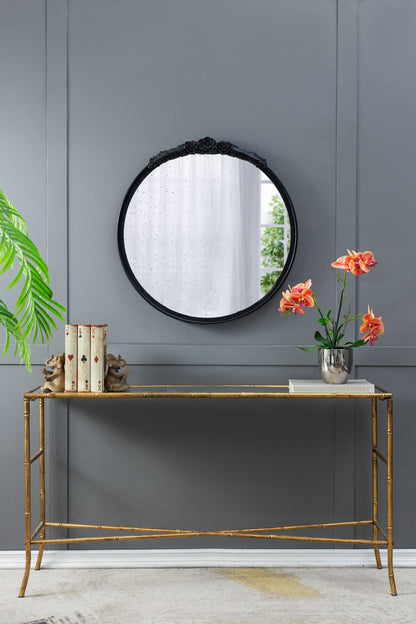 Round Hand Carved Rose Antique Mirror Frame, Wall Mirror For Live Space, Bathroom, Entryway Wall Decor - Black