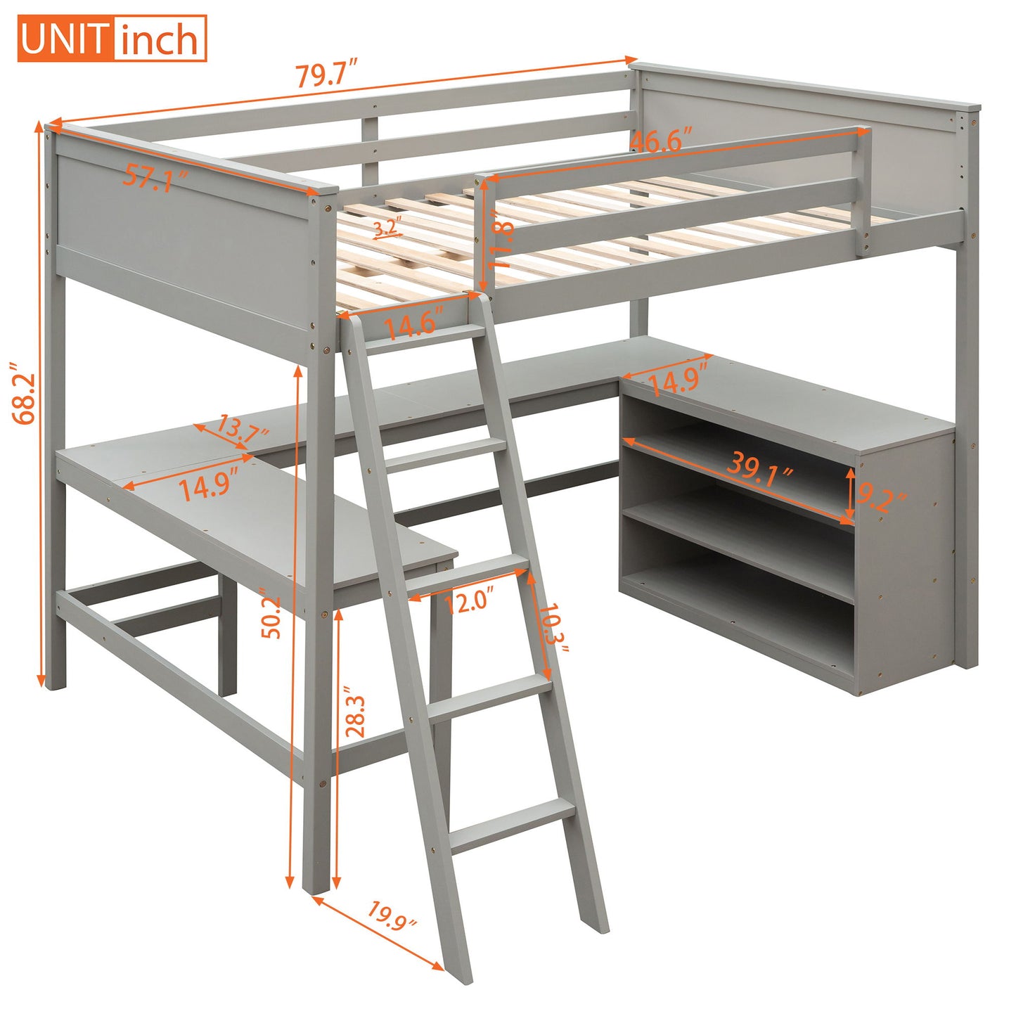 Full Size Loft Bed With Shelves With Desk - Gray