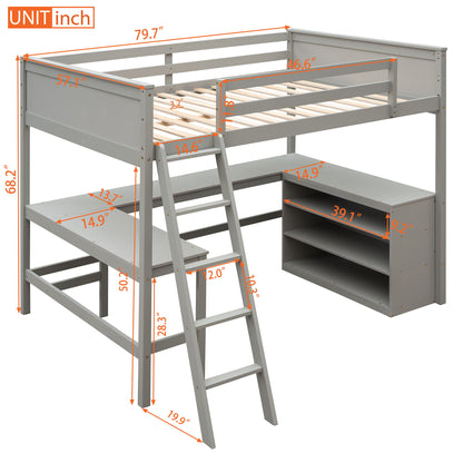 Full Size Loft Bed With Shelves With Desk - Gray