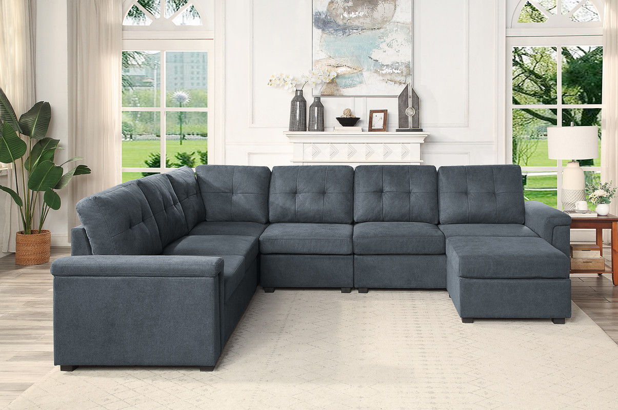 Isla - Woven 7 Seater Sectional Sofa With Ottoman - Gray