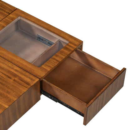 Mid Century Modern Coffee Table, Unique Square Wooden Coffee Table With 3 Drawers, Tempered Glass And Solid Wood Legs For Living Room - Brown