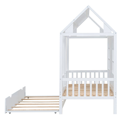 Twin Size House Bed With Twin Size Trundle, Daybed - White