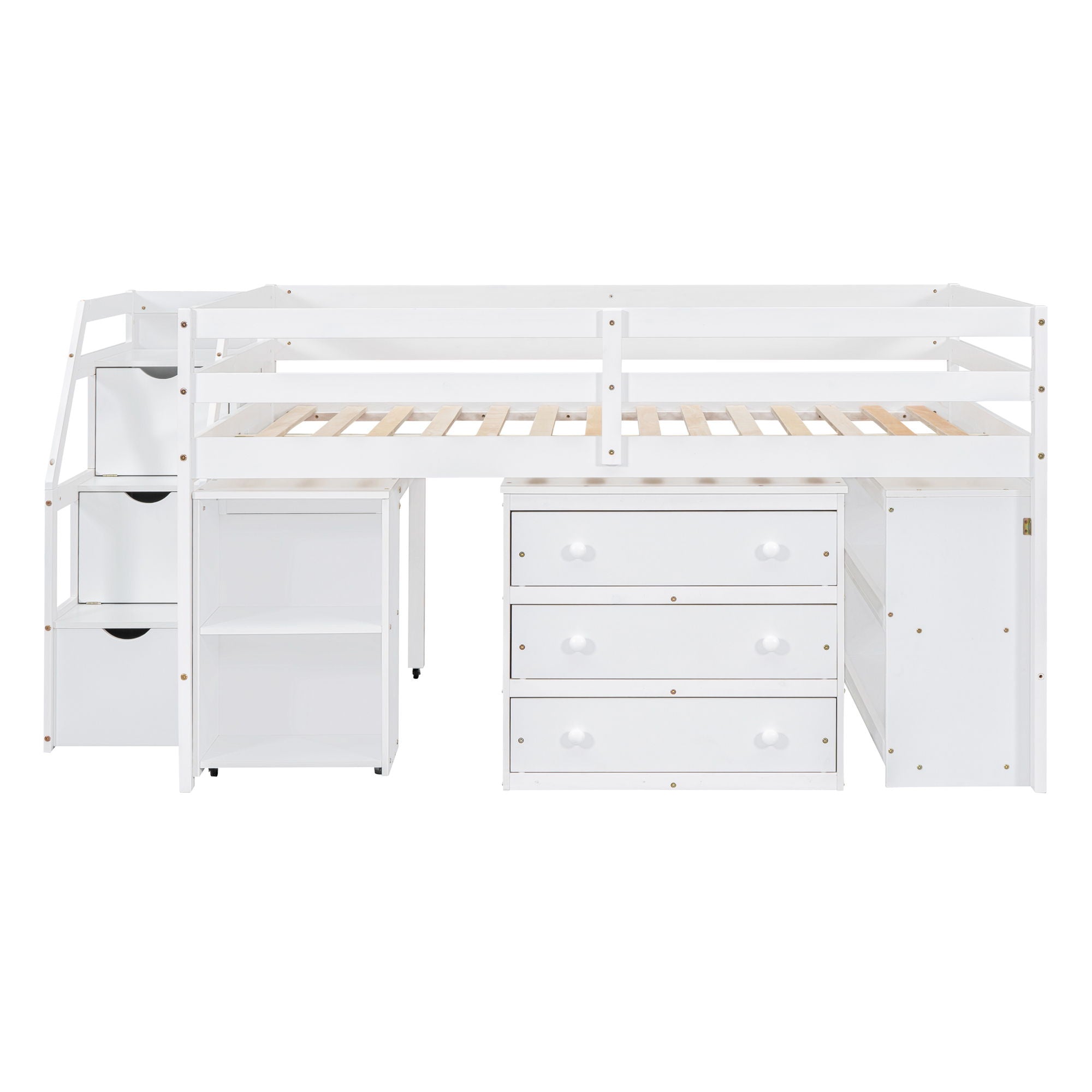Full Size Loft Bed With Retractable Writing Desk And 3 Drawers With Storage Stairs And Shelves - White