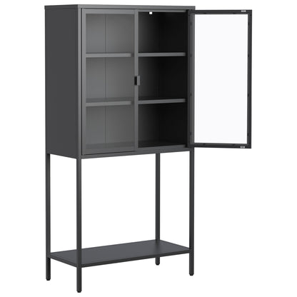 Heavy Duty Metal Storage Cabinet, Sideboards & Buffet, Display Storage Cabinet With Glass Doors And 2 Adjustable Shelves, Tall Bookcase Modern Bookshelf Cabinet For Home Office, Living Room - Black