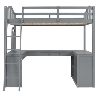 Full Loft Bed With U Shaped Desk, Storage Compartments And Tri Fold Mirror - Gray