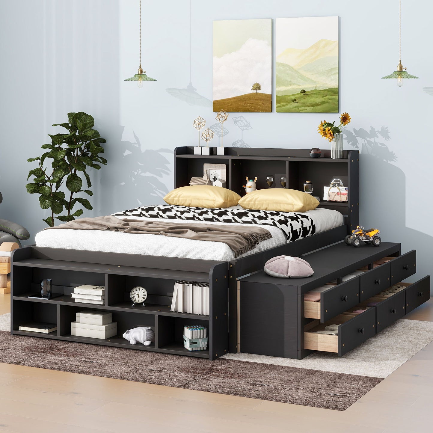 Full Bed With Bookcase Headboard, Under Bed Storage Drawers And Bed End Storage Case - Espresso