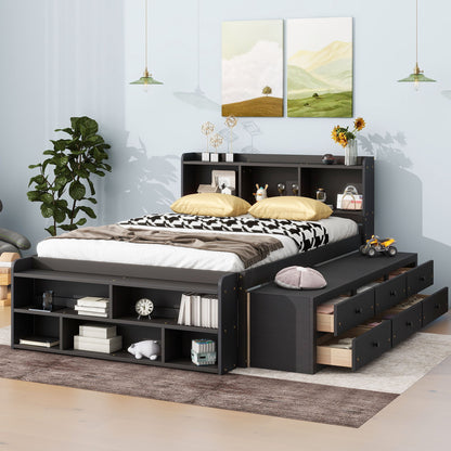 Full Bed With Bookcase Headboard, Under Bed Storage Drawers And Bed End Storage Case - Espresso