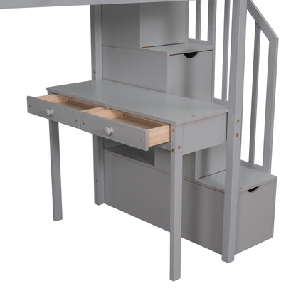 Twin Size Loft Bed With Storage Drawers, Desk And Stairs With Shelves - Gray