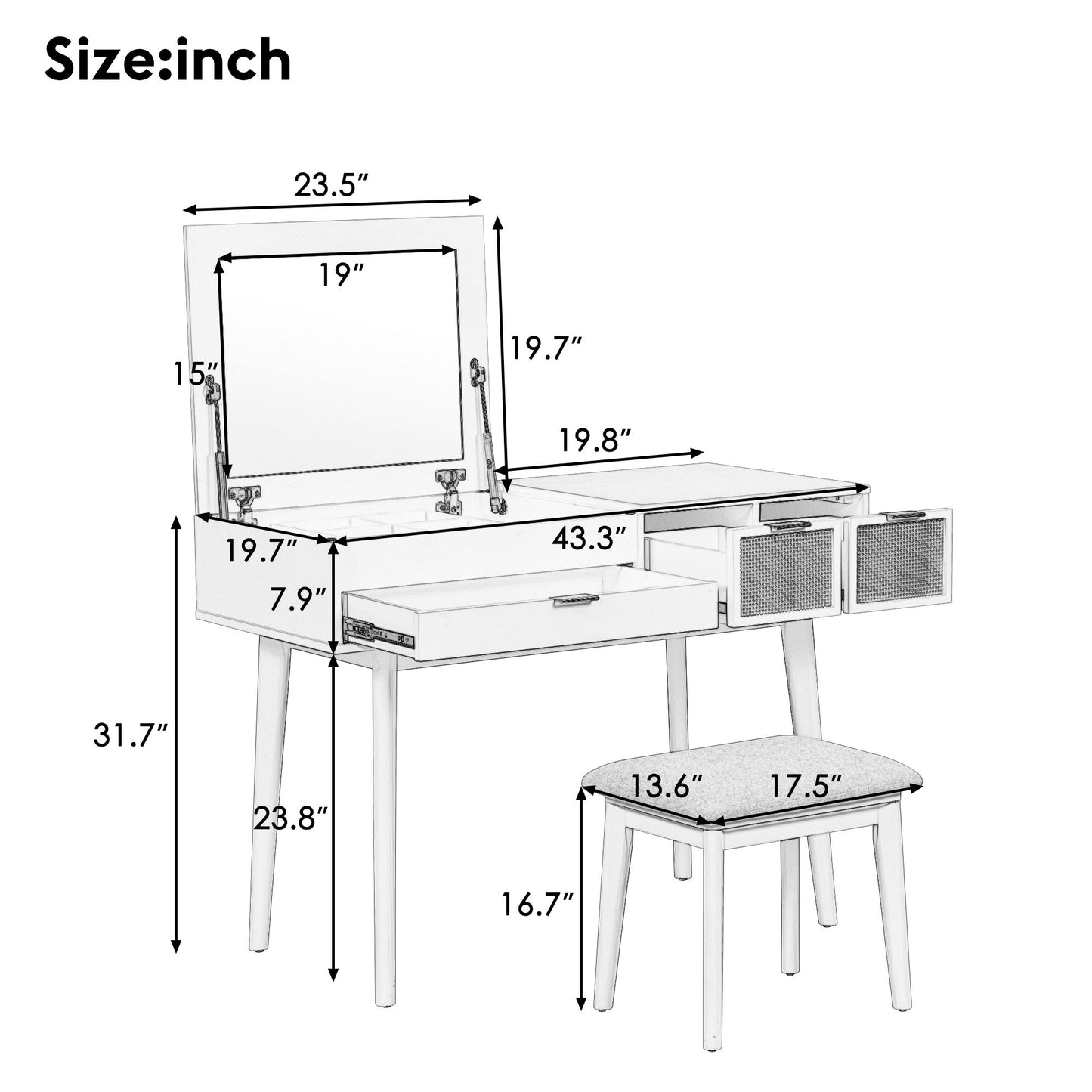 Classic Wood Makeup Vanity Set With Flip-Top Mirror And Stool, Dressing Table With Three Drawers And Storage Space - White