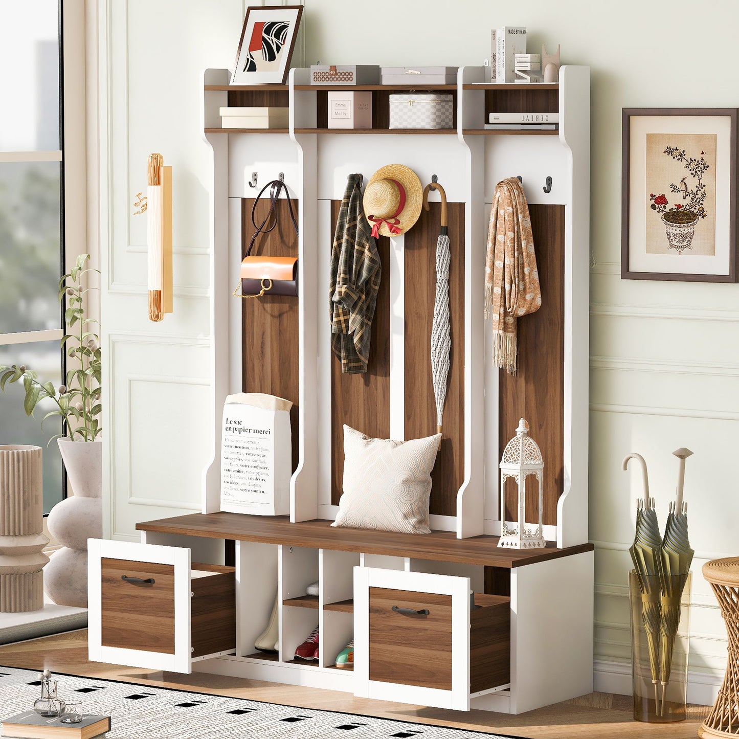 5 In 1 Entryway Bench With Coat Rack, 7 Sturdy Hooks, 2 Spacious Drawers And Adjustable Shelves, Wide Hall Tree With Metal Handles For Hallway - Brown / White