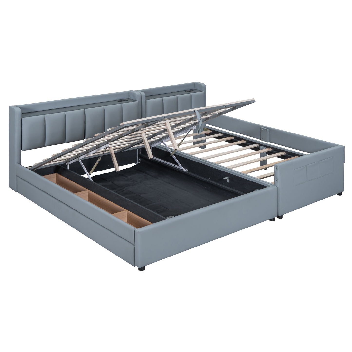 Queen & Twin Long Size Upholstered Platform Bed, Mother & Child Bed With Hydraulic Storage System, Drawer Box, Bedhead Storage Shelf And 2 Pairs Of Sockets & USB Ports - Gray