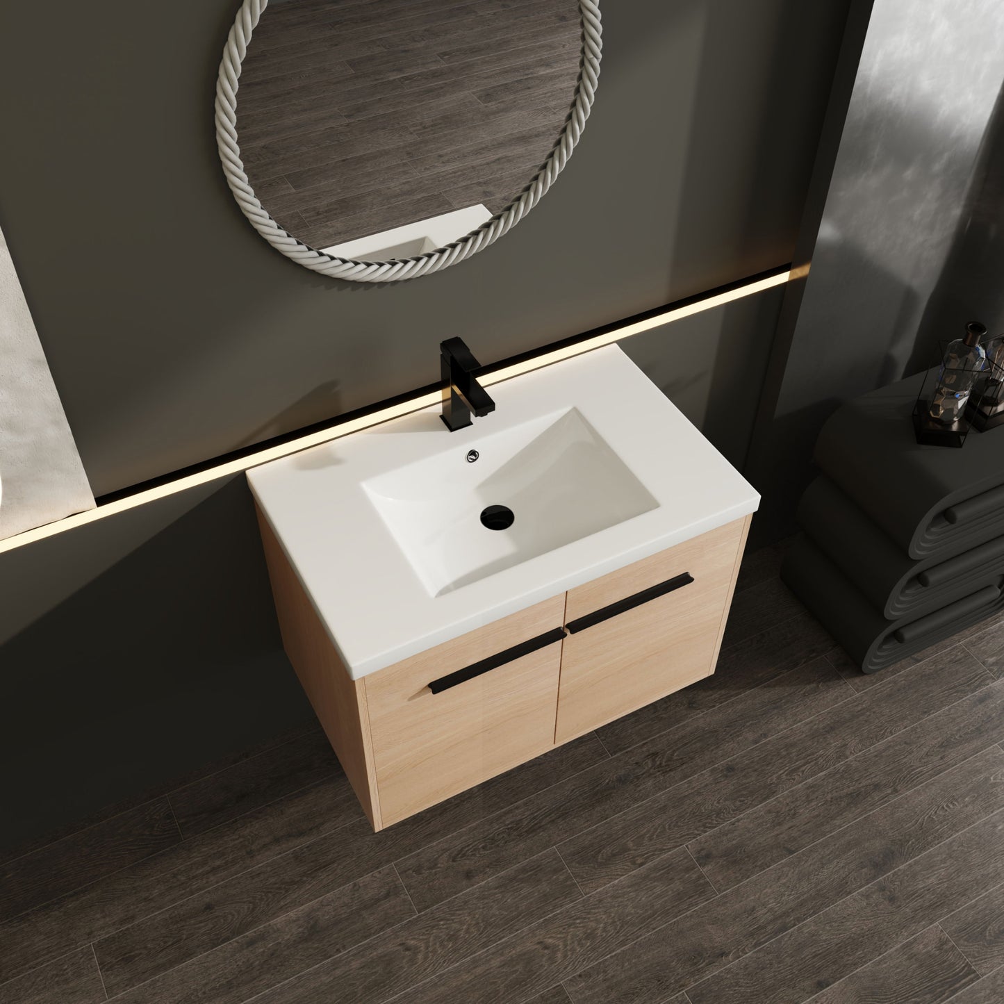 Bathroom Vanity With Resin Countertop Sink, 30" 2 Doors Cabinet Set - Oak