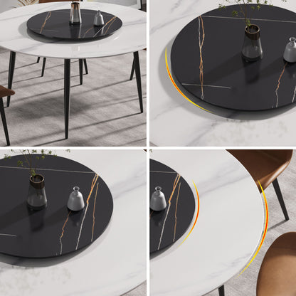 59.05" Modern Artificial Stone Round Metal Dining Table, Can Accommodate 6 People, Artificial Stone Turntable - Black / White