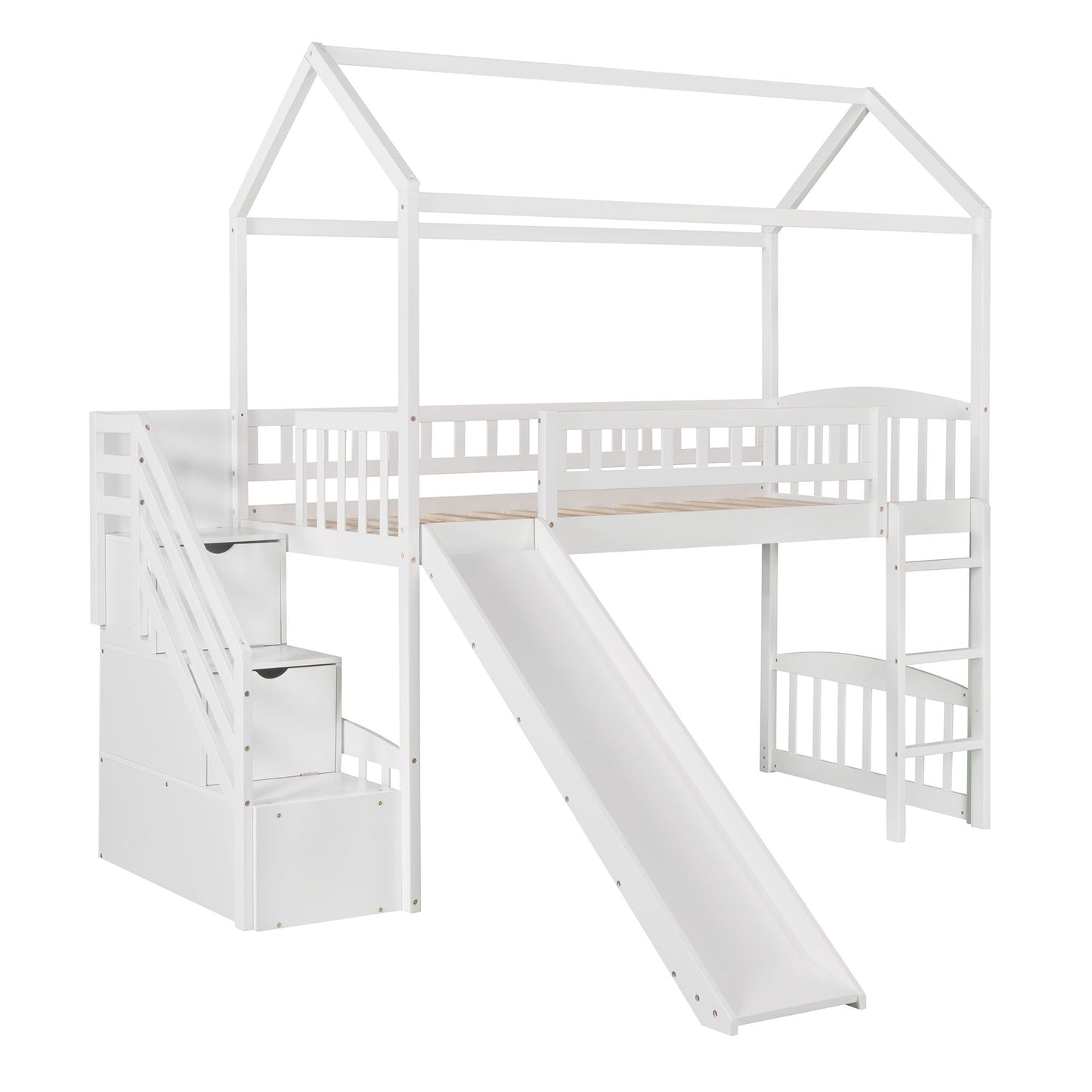 Twin Loft House Bed With 2 Drawers And Slide - White