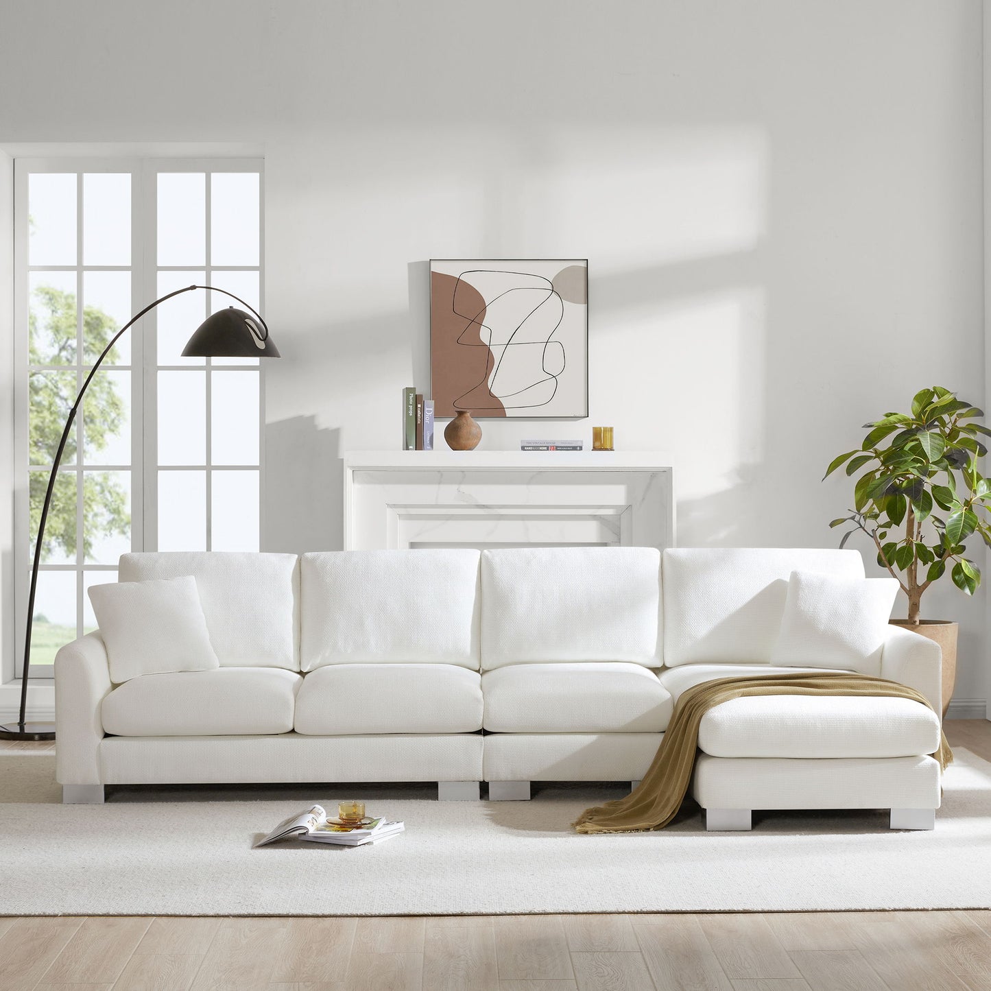 Modern Oversized Sectional Sofa, L-Shaped Luxury Couch Set With 2 Free Pillows, 5 Seat Chenille Indoor Furniture With Chaise - White