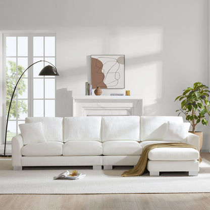 Modern Oversized Sectional Sofa, L-Shaped Luxury Couch Set With 2 Free Pillows, 5 Seat Chenille Indoor Furniture With Chaise - White