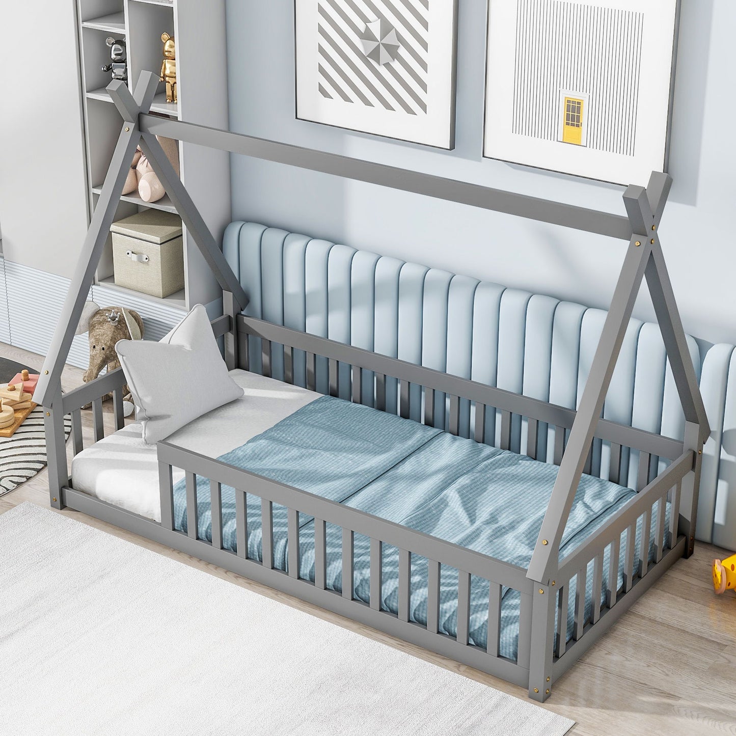 Twin Tent-Shaped Floor Bed, Teepee Bed With Guardrails, Slats - Gray