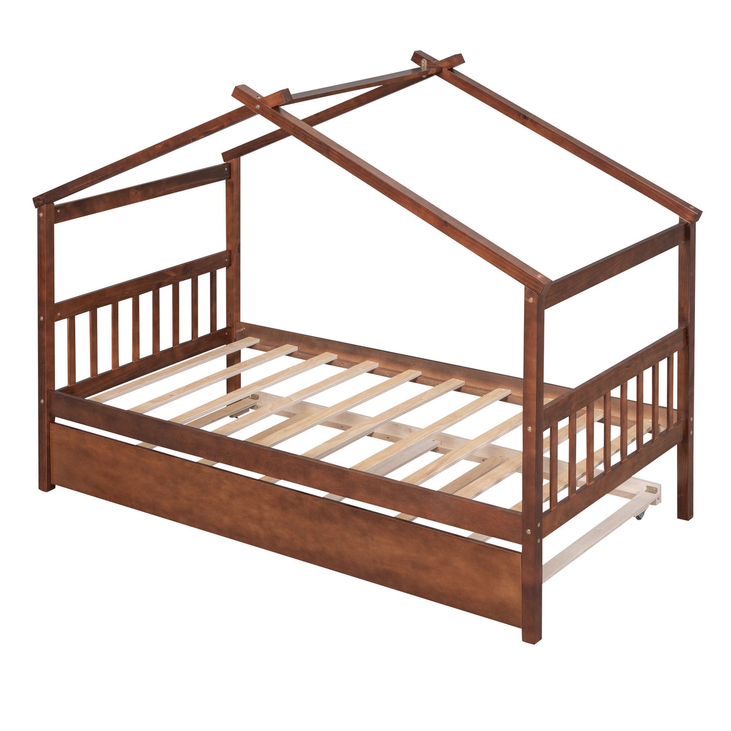 Twin Size House Bed With Twin Size Trundle - Walnut