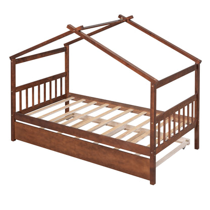 Twin Size House Bed With Twin Size Trundle - Walnut